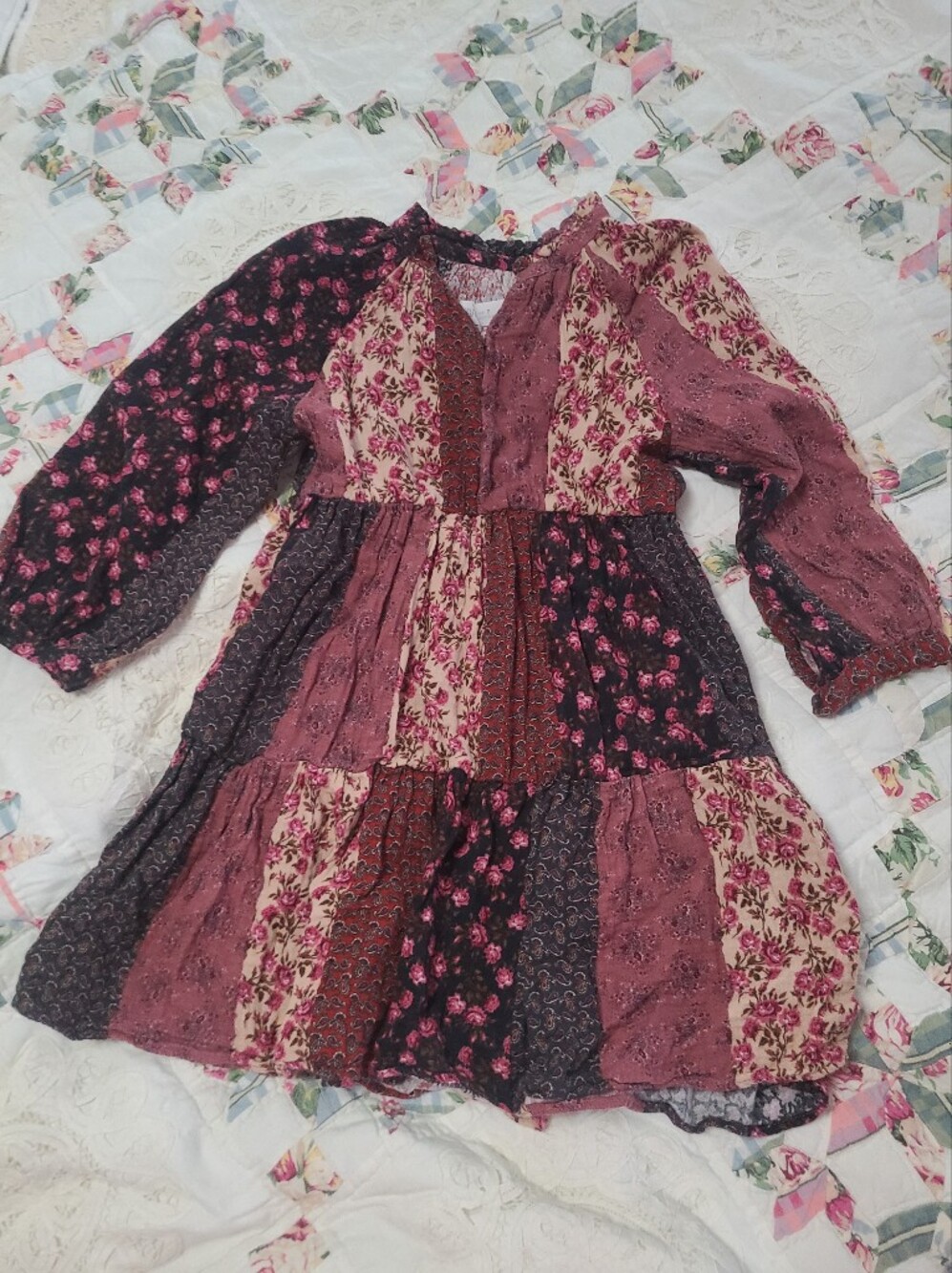 Zara Girls Patchwork Floral Tiered Dress - Mauve, Black & Cream